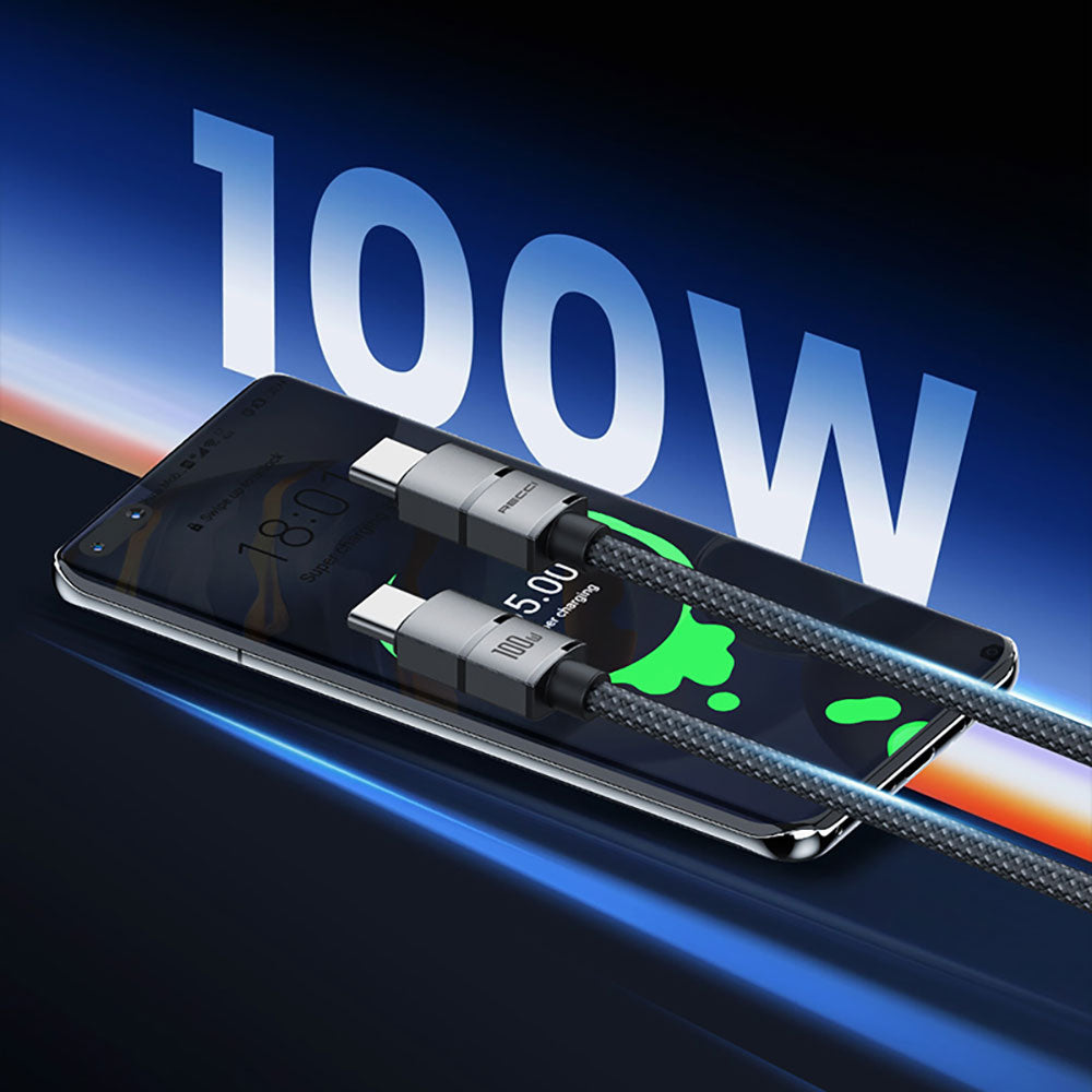 Recci RS12CC Warrior Serisi 100W Hızlı Şarj Özellikli Type-C To Type-C PD Kablo 2M Gri