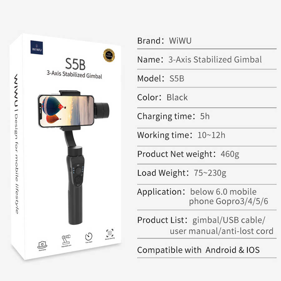 Wiwu 3-Axis S5B Gimbal Sabitleyici Siyah
