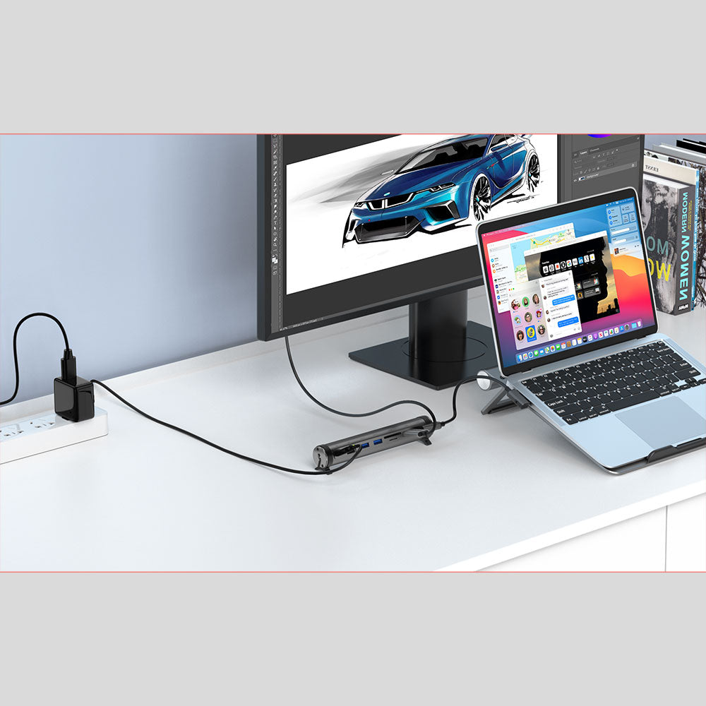 Wiwu A821CH 8in1 Hub Bağlantı İstasyonlu Notebook Laptop Standı PD3.0/USB3.0/RJ45 (1000Mbps)/SD/TF/HDMI (4K@30Hz) Gri