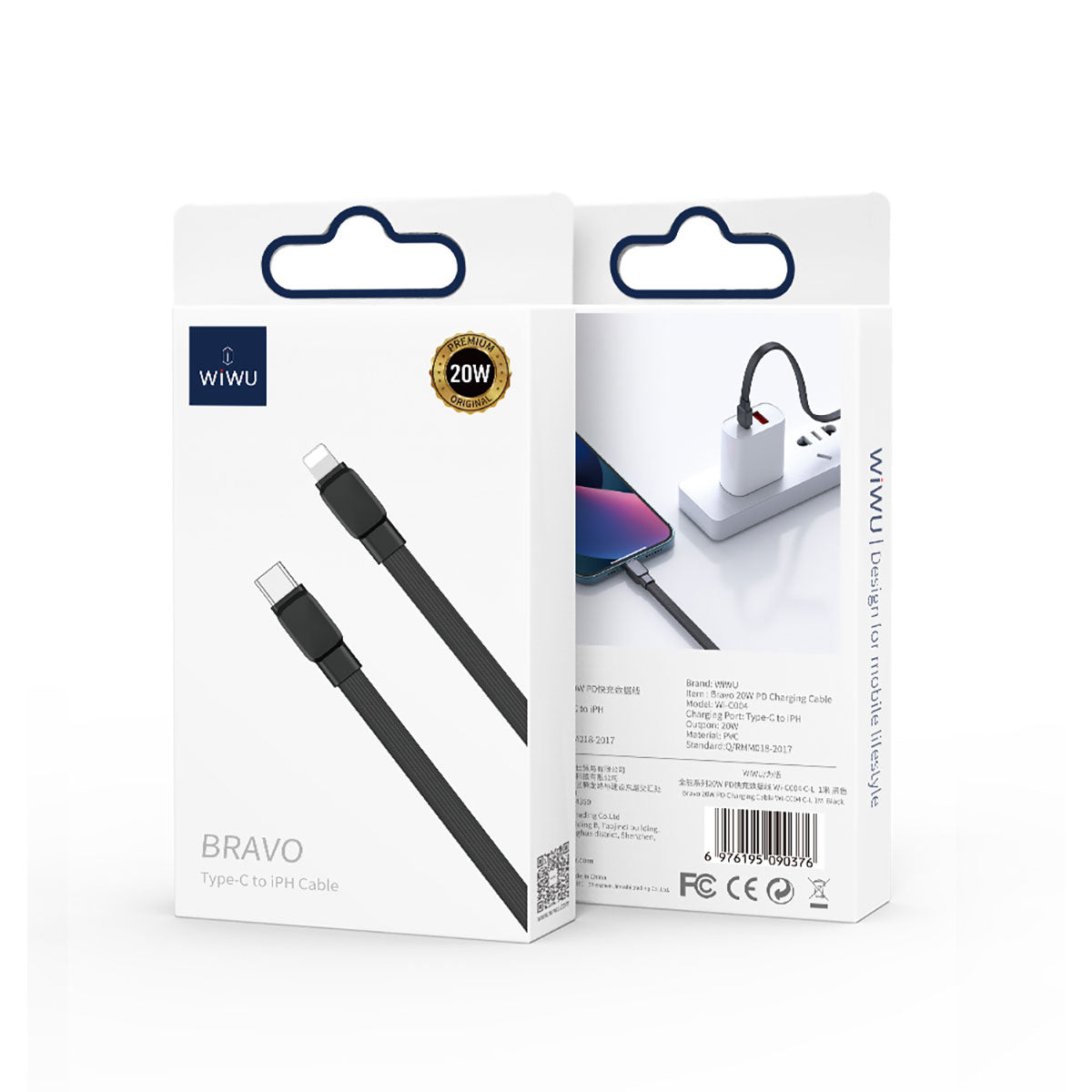 Wiwu Bravo Wİ-C004 Yassı Tasarım 20W Hızlı Şarj Özellikli Type-C to Lightning PD Kablo 1M Beyaz