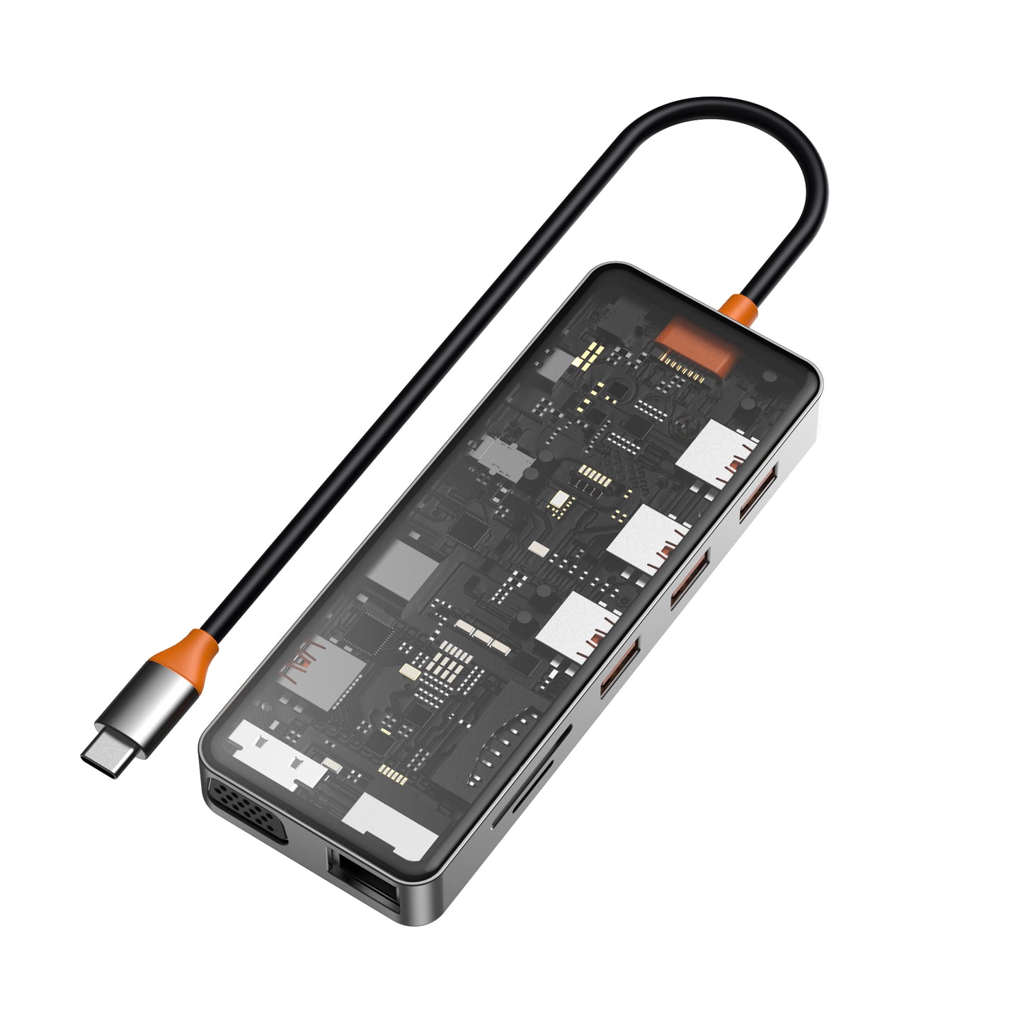 Wiwu CB011 Cyber 11 in 1 Type-C Hub 100W Şarj Destekli Şeffaf Görünümlü SD Kart-RJ45-Hdmi-VGA-Usb Çoğaltıcı Gri