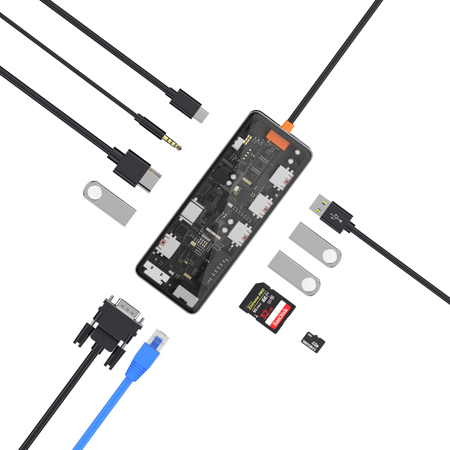 Wiwu CB011 Cyber 11 in 1 Type-C Hub 100W Şarj Destekli Şeffaf Görünümlü SD Kart-RJ45-Hdmi-VGA-Usb Çoğaltıcı Gri