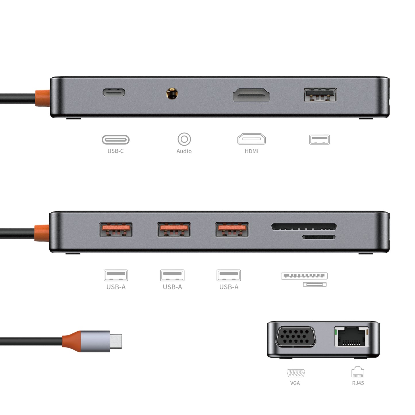 Wiwu CB011 Cyber 11 in 1 Type-C Hub 100W Şarj Destekli Şeffaf Görünümlü SD Kart-RJ45-Hdmi-VGA-Usb Çoğaltıcı Gri