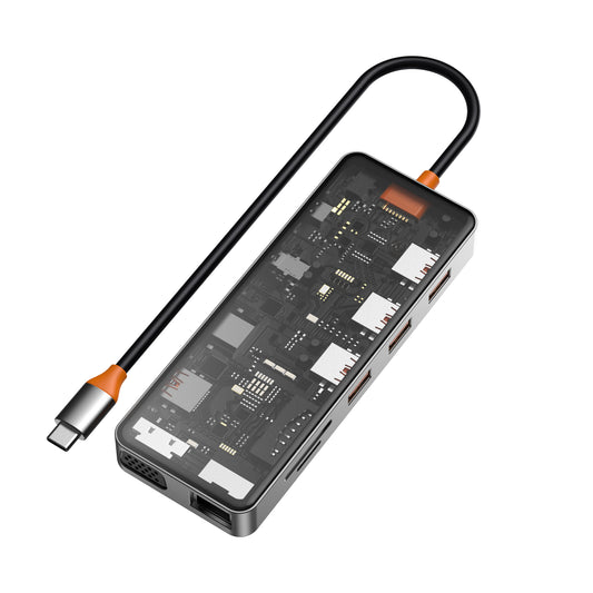 Wiwu CB011 Cyber 11 in 1 Type-C Hub 100W Şarj Destekli Şeffaf Görünümlü SD Kart-RJ45-Hdmi-VGA-Usb Çoğaltıcı Gri