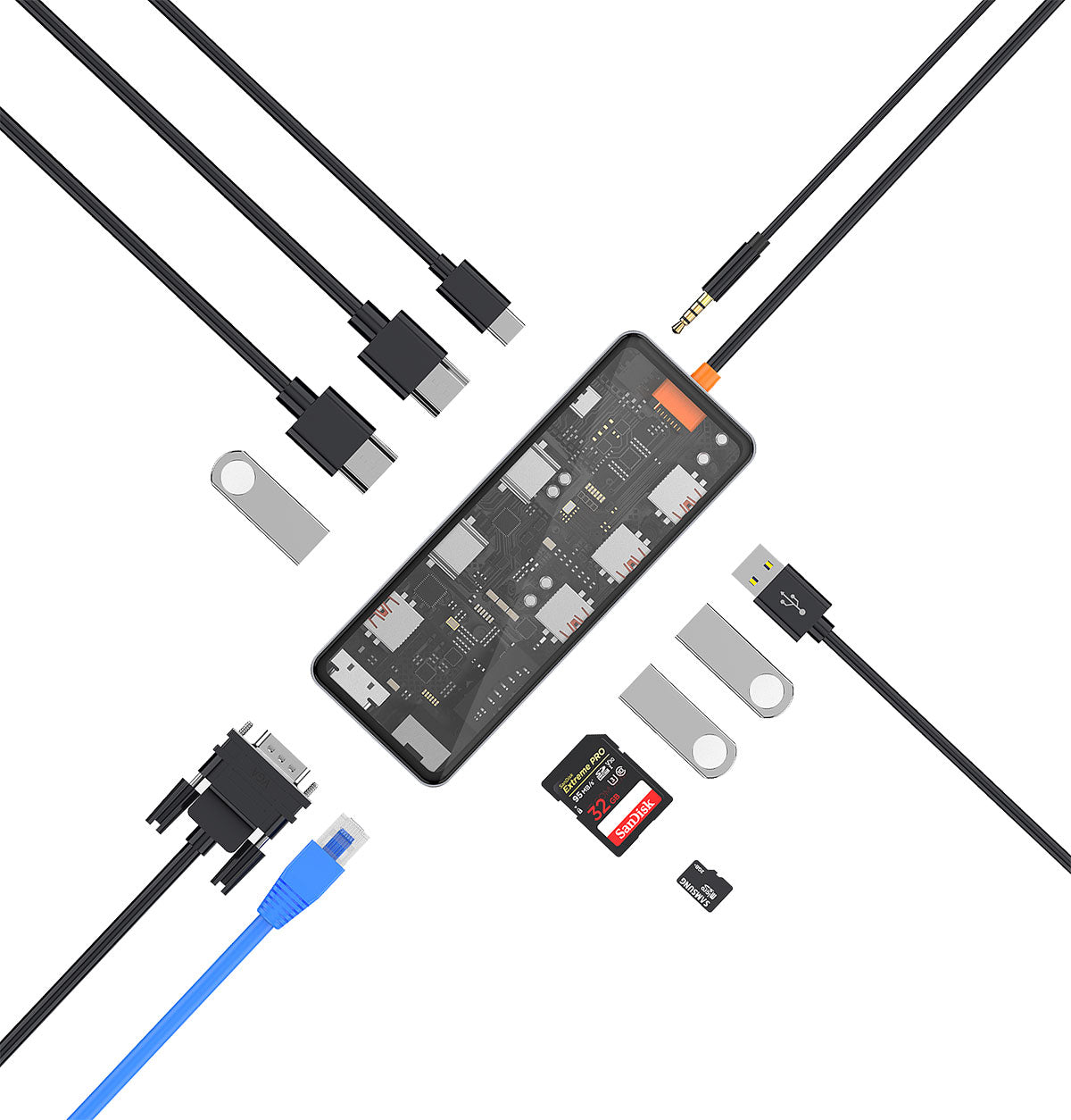 Wiwu CB012 Cyber 12 in 1 Type-C Hub 100W Şarj Destekli Şeffaf Görünümlü SD Kart-RJ45-Hdmi-VGA-Usb Çoğaltıcı Gri
