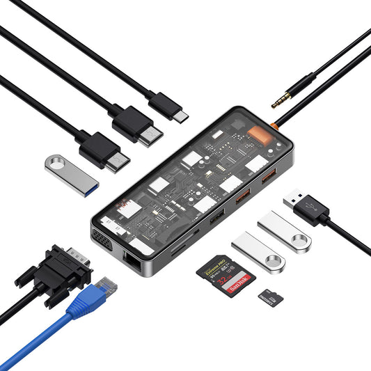 Wiwu CB012 Cyber 12 in 1 Type-C Hub 100W Şarj Destekli Şeffaf Görünümlü SD Kart-RJ45-Hdmi-VGA-Usb Çoğaltıcı Gri