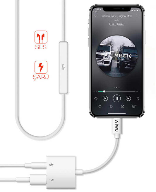 Wiwu LT01 Pro Lightning Ses Adaptörü Beyaz