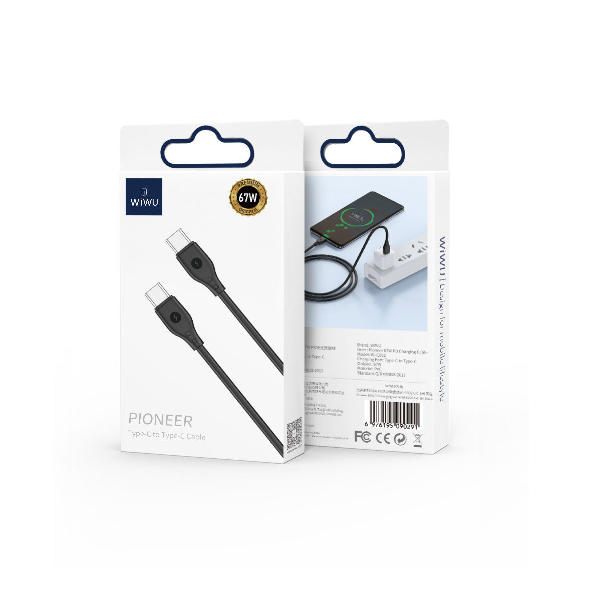 Wiwu Pioneer Wİ-C002 Ultra Esnek 67W Hızlı Şarj Özellikli Type-C To Type-C PD Kablo 1M Siyah