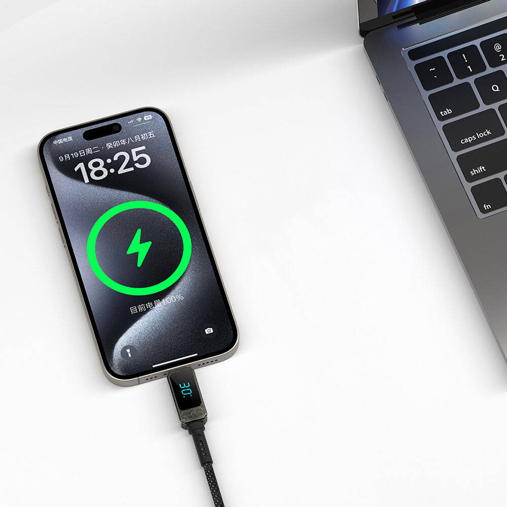 Wiwu Wi-C038 Titan Serisi Lightning to Type-C PD 30W LED Dijital Göstergeli Şarj ve Data Kablosu 1.2M Siyah