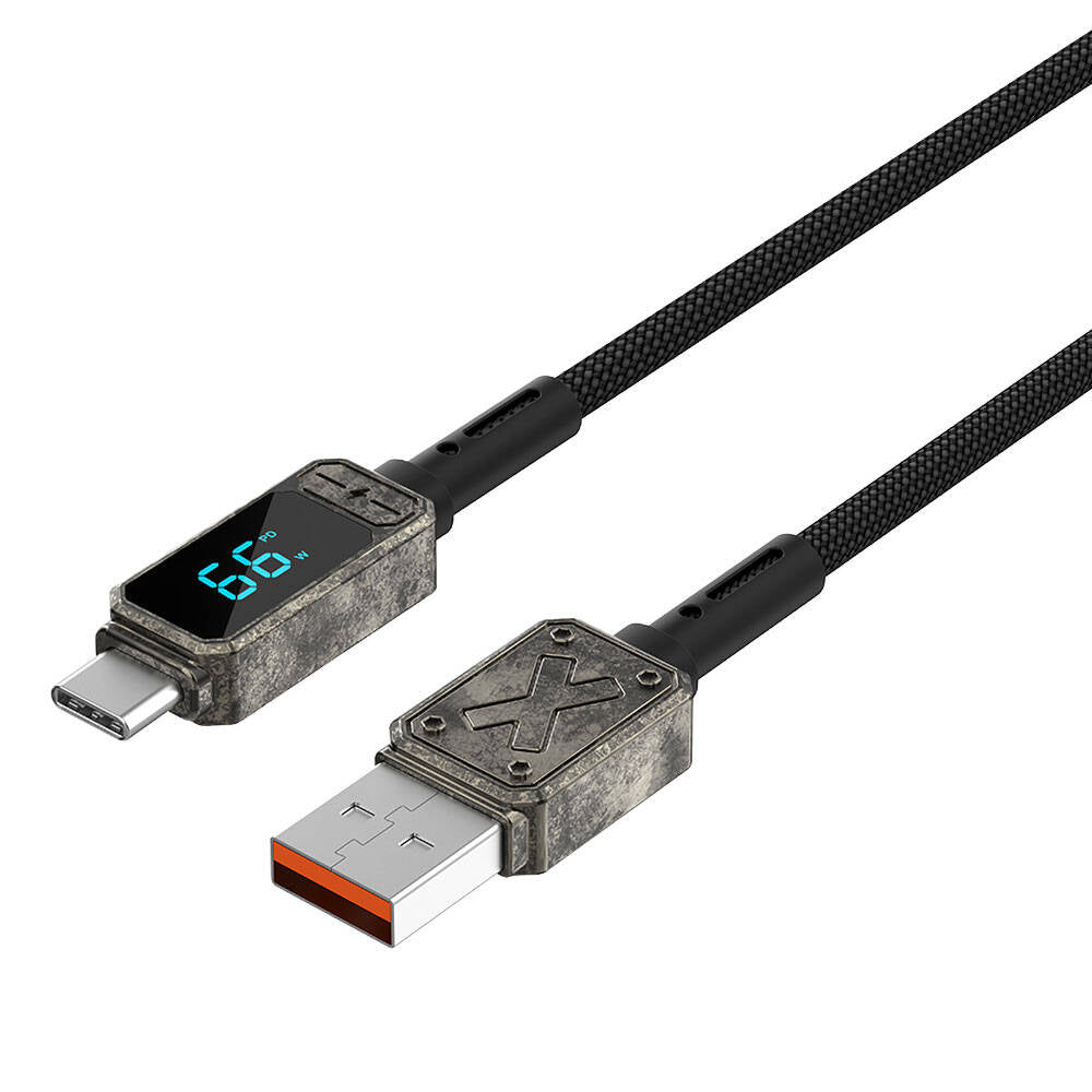 Wiwu Wi-C038 Titan Serisi USB-A to Type-C 6A 66W LED Dijital Göstergeli Şarj ve Data Kablosu 1.2M Siyah