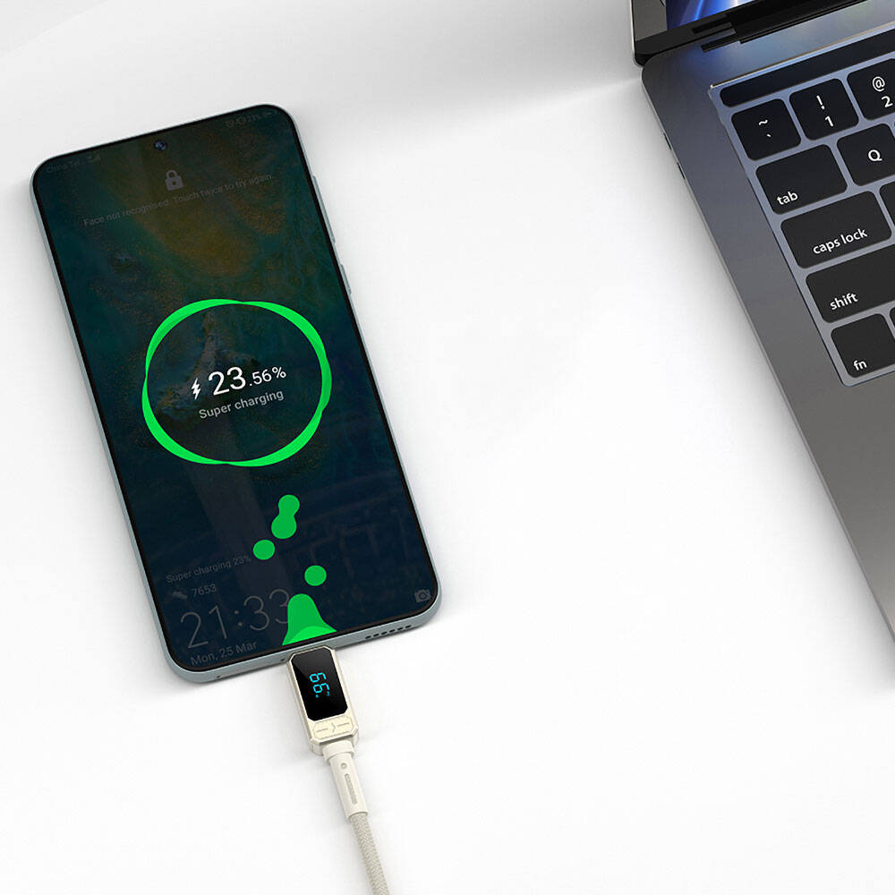 Wiwu Wi-C038 Titan Serisi USB-A to Type-C 6A 66W LED Dijital Göstergeli Şarj ve Data Kablosu 1.2M Krem