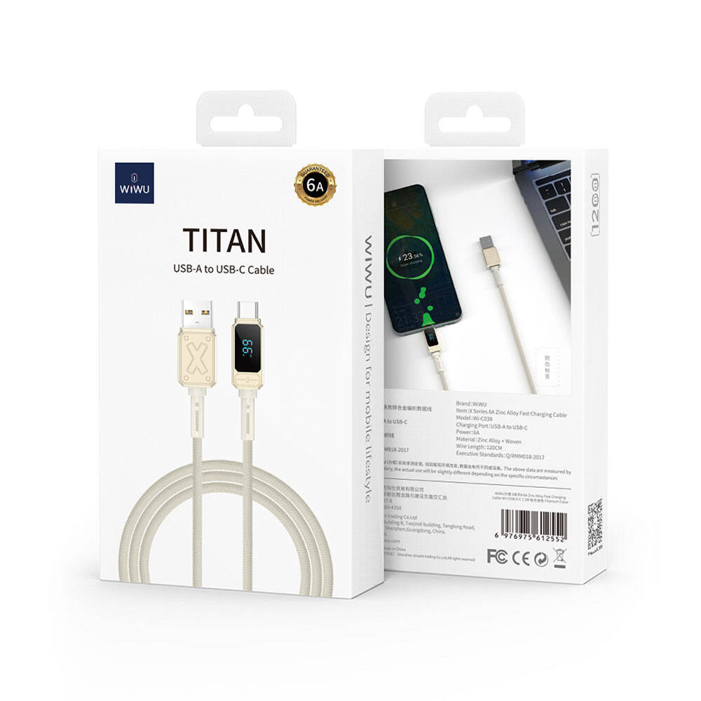 Wiwu Wi-C038 Titan Serisi USB-A to Type-C 6A 66W LED Dijital Göstergeli Şarj ve Data Kablosu 1.2M Krem