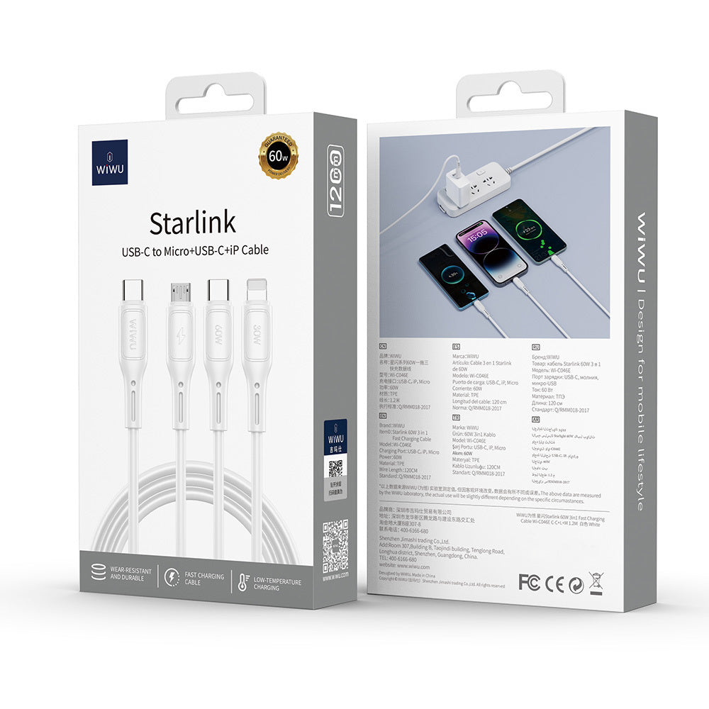 Wiwu Wi-C046E Starlink Serisi 3in1 USB-A to Lightning – Type-C – Micro Şarj ve Data Kablosu 60W 1.2M Beyaz