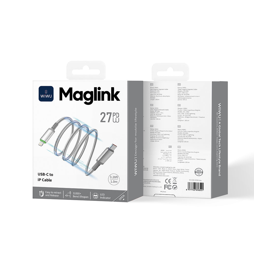 Wiwu Wi-C083 Maglink Serisi Işıklı Magnetik Type-C to Lightning PD Hızlı Şarj Özellikli Data ve Şarj Kablosu 27W 1M Gri