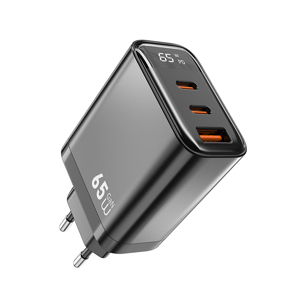 Wiwu Wi-G012 Firefly Serisi Dual Type-C PD & USB-A GaN Teknolojili Hızlı Şarj Başlığı 65W Siyah