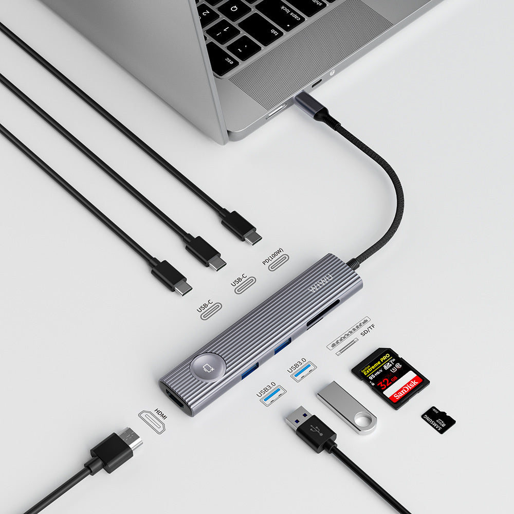 Wiwu Wi-HB8001 Travel Serisi 8in1 HDMI (4K@60Hz) Girişli 100W PD Type-C Hub Bağlantı İstasyonu Gri