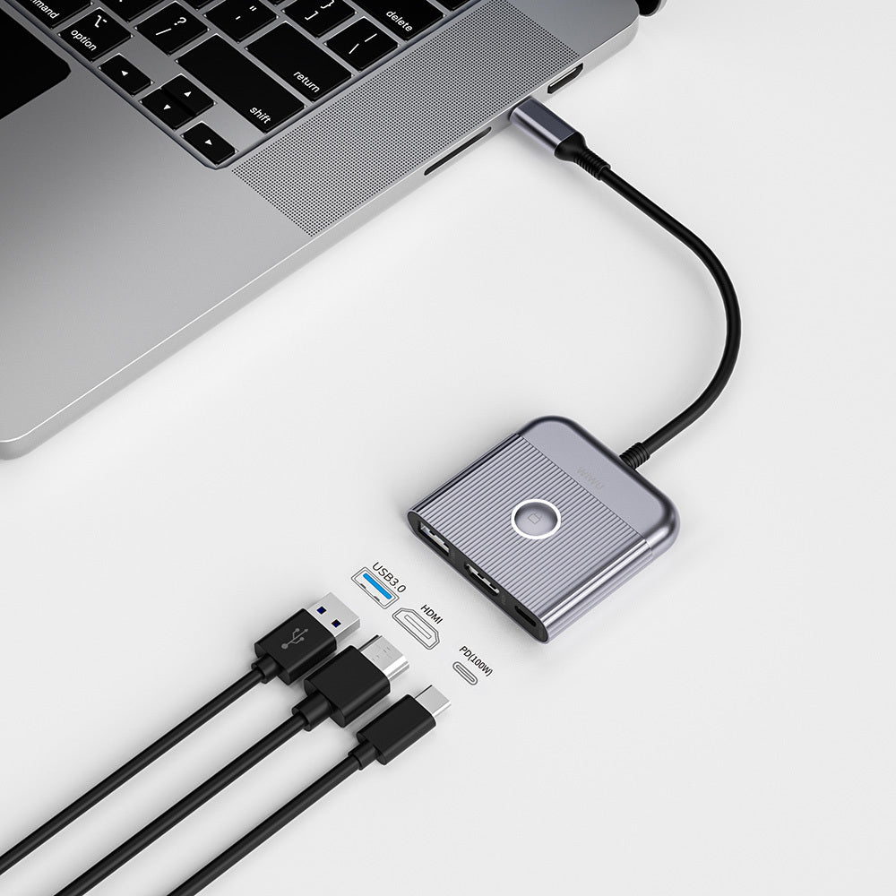 Wiwu Wi-HB8002 Travel Serisi 3in1 HDMI (4K@60Hz) Girişli 100W PD Type-C Hub Bağlantı İstasyonu Gri