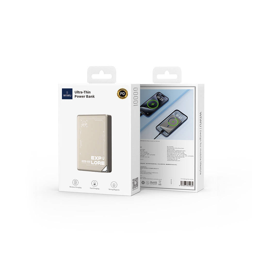 Wiwu Wi-P020 Ultra-Thin Explore Serisi Led Göstergeli Wireless Magsafe Powerbank 15W 10000mAh Titanyum-Gold