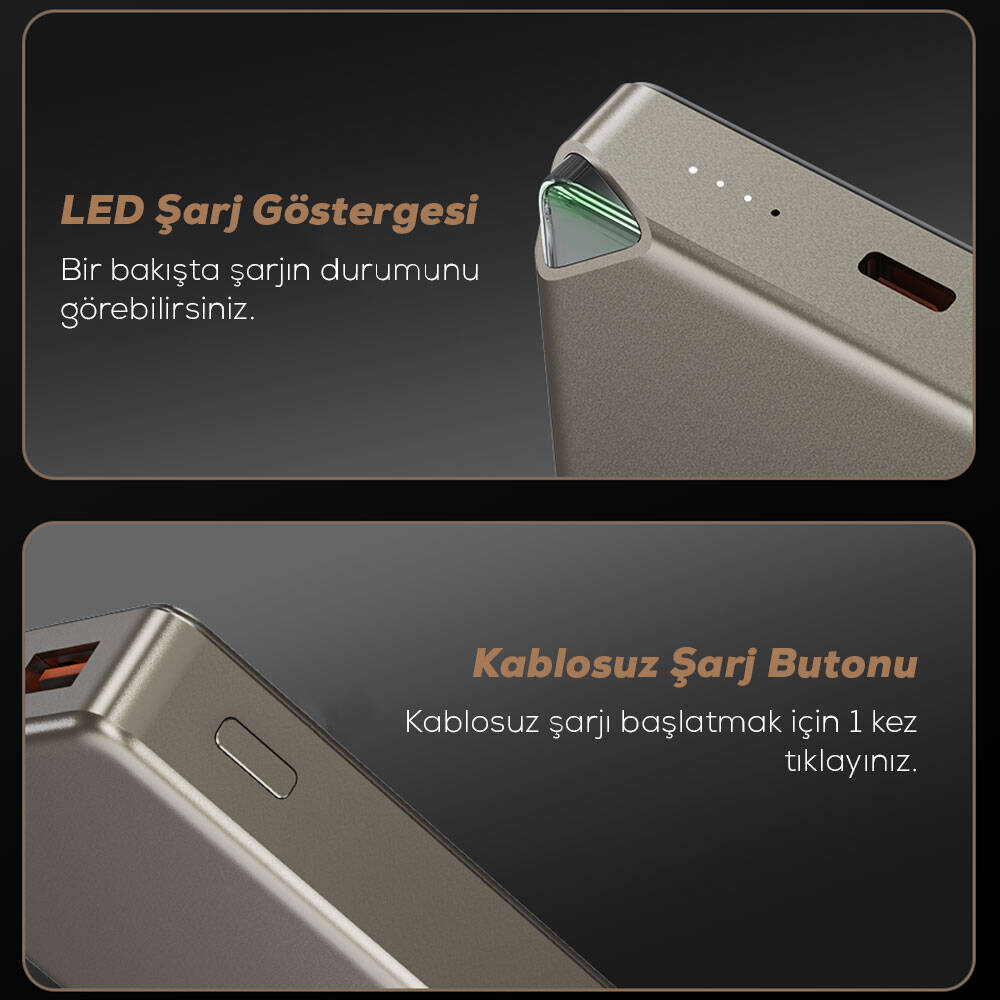 Wiwu Wi-P020 Ultra-Thin Explore Serisi Led Göstergeli Wireless Magsafe Powerbank 15W 10000mAh Titanyum-Gold