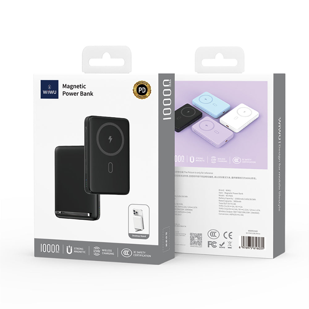 Wiwu Wi-P043 LED Işık Göstergeli Standlı Taşınabilir Magsafe Wireless Powerbank 10.000mAh 15W Siyah