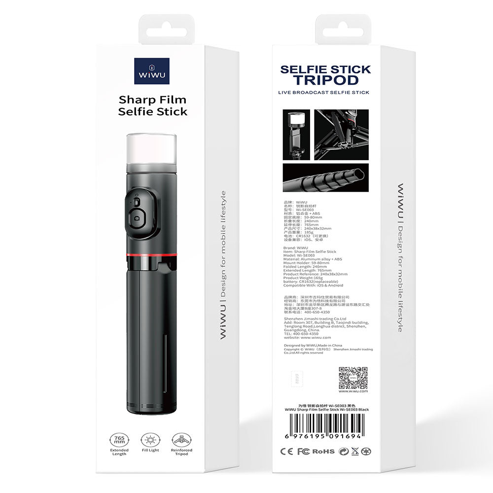 Wiwu Wi-SE003 Sharp Film Serisi Çok Fonksiyonlu Işıklı Sabitleyici Canlı Yayın Tripod Selfie Çubuğu Siyah