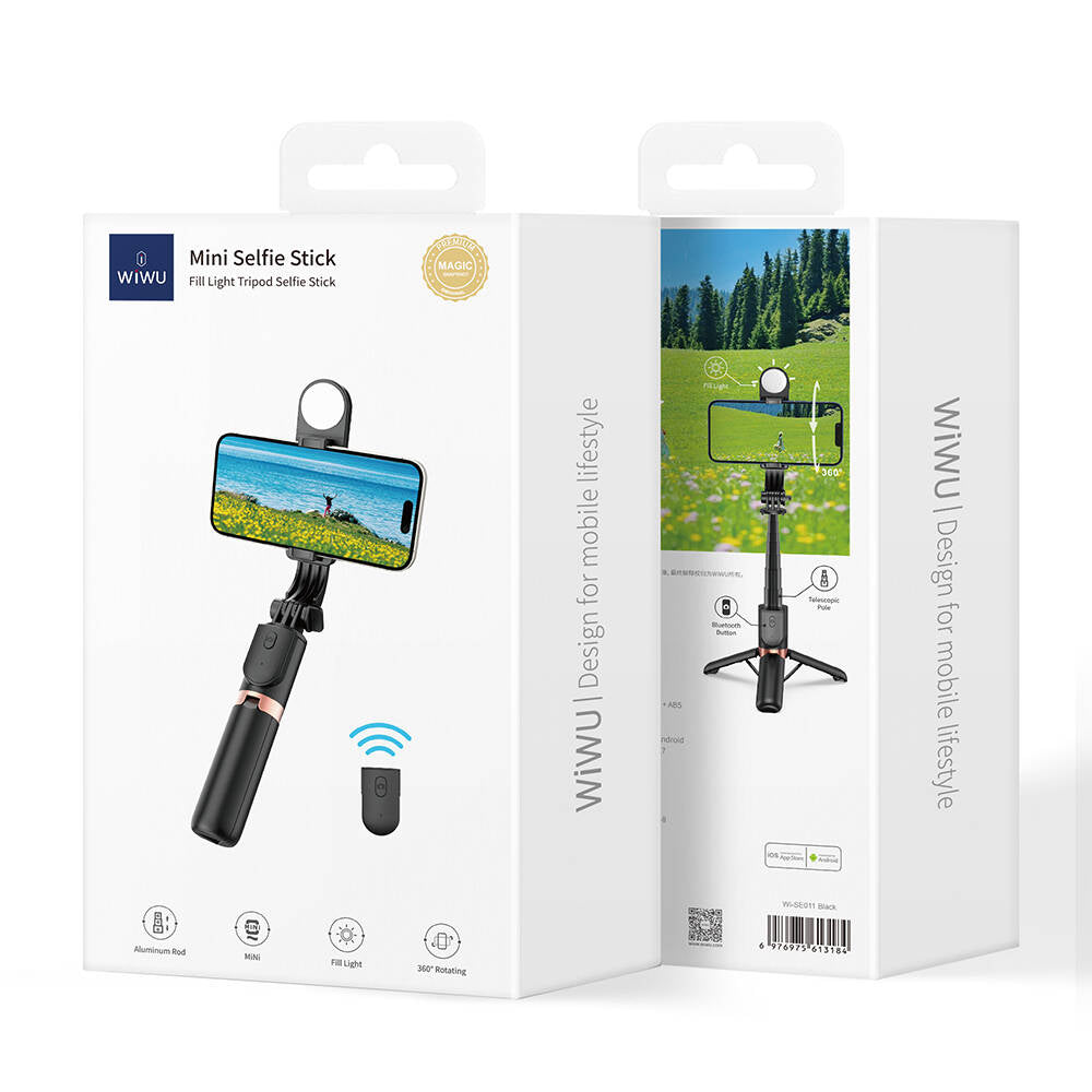 Wiwu Wi-SE011 Dolgu Işıklı Teleskopik Tripod ve Mini Selfie Çubuğu Siyah