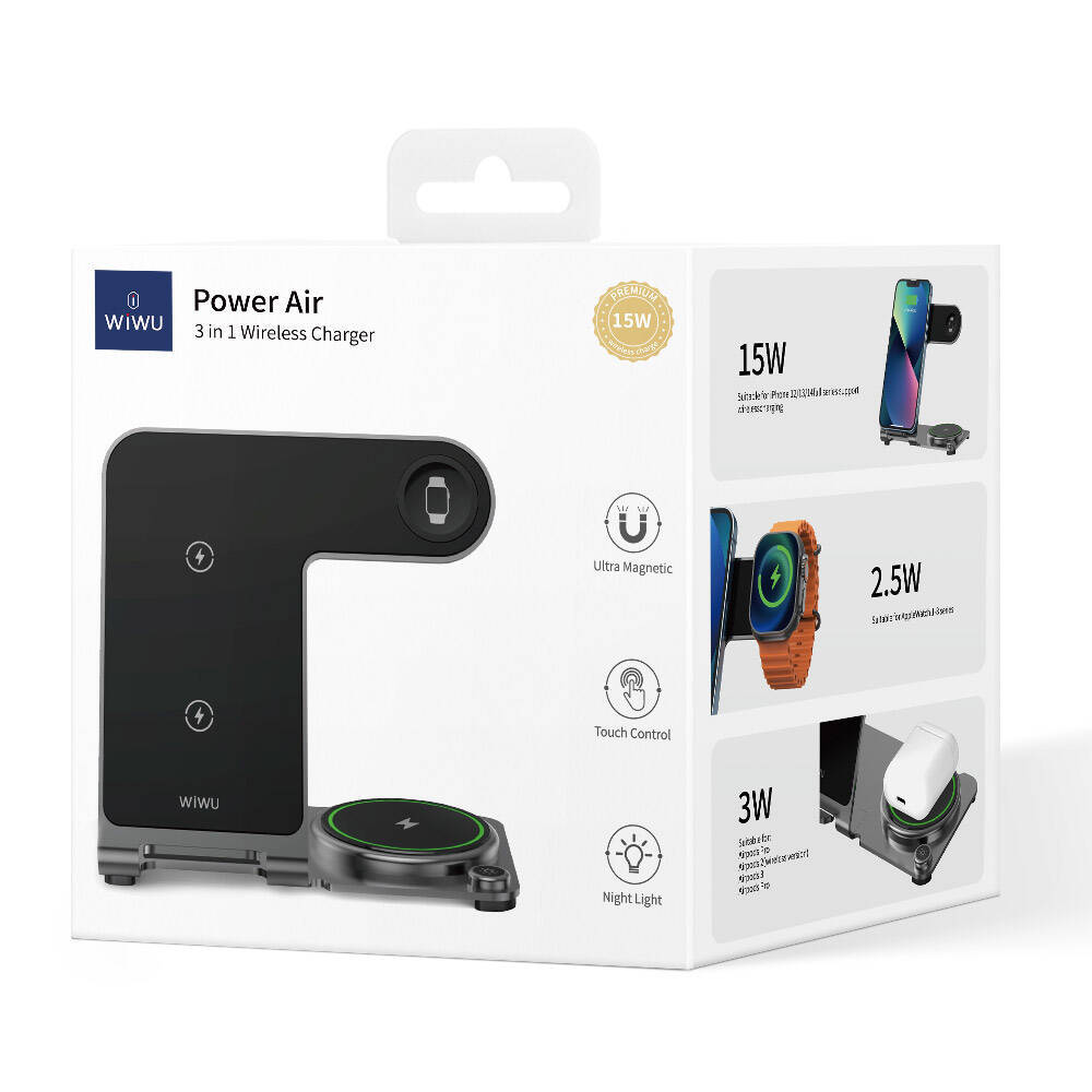 Wiwu Wi-W005 Armor 3in1 Hızlı Şarj Özellikli Magnetik Kablosuz Şarj Standı Gri