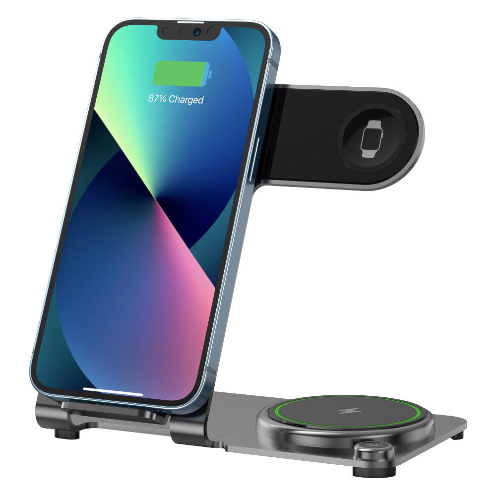 Wiwu Wi-W005 Armor 3in1 Hızlı Şarj Özellikli Magnetik Kablosuz Şarj Standı Gri