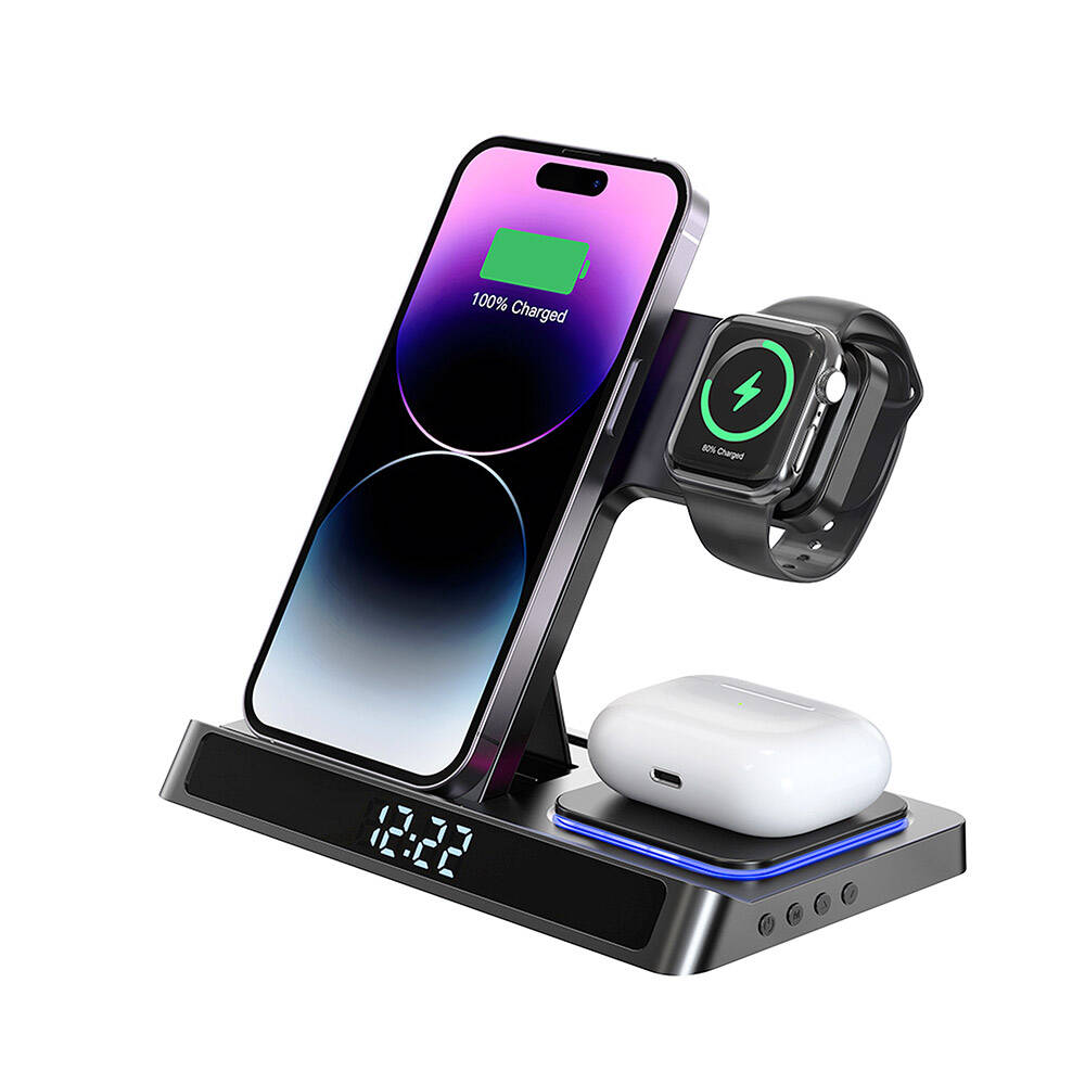 Wiwu Wi-W006 Power Air 5in1 Dijital Saatli Hızlı Şarj Özellikli Magnetik Kablosuz Şarj Standı Siyah