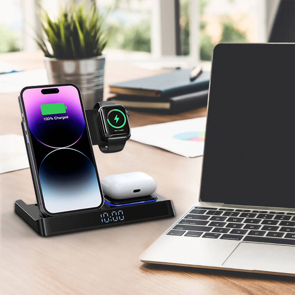 Wiwu Wi-W006 Power Air 5in1 Dijital Saatli Hızlı Şarj Özellikli Magnetik Kablosuz Şarj Standı Siyah
