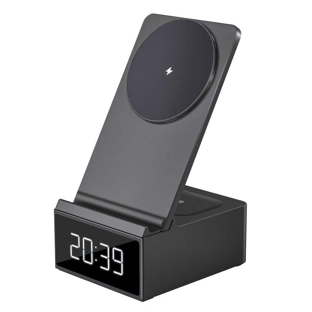 Wiwu Wi-W011 Platinum 3in1 Dijital Saatli ve Alarmlı Hızlı Şarj Özellikli Magnetik Kablosuz Şarj Standı Siyah