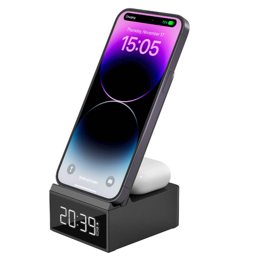 Wiwu Wi-W011 Platinum 3in1 Dijital Saatli ve Alarmlı Hızlı Şarj Özellikli Magnetik Kablosuz Şarj Standı Siyah