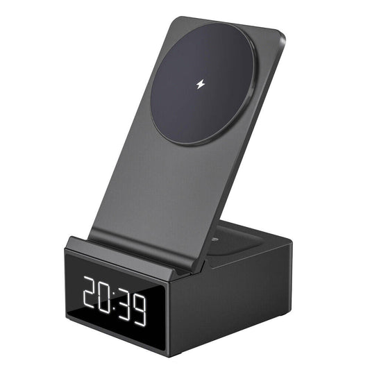 Wiwu Wi-W011 Platinum 3in1 Dijital Saatli ve Alarmlı Hızlı Şarj Özellikli Magnetik Kablosuz Şarj Standı Siyah