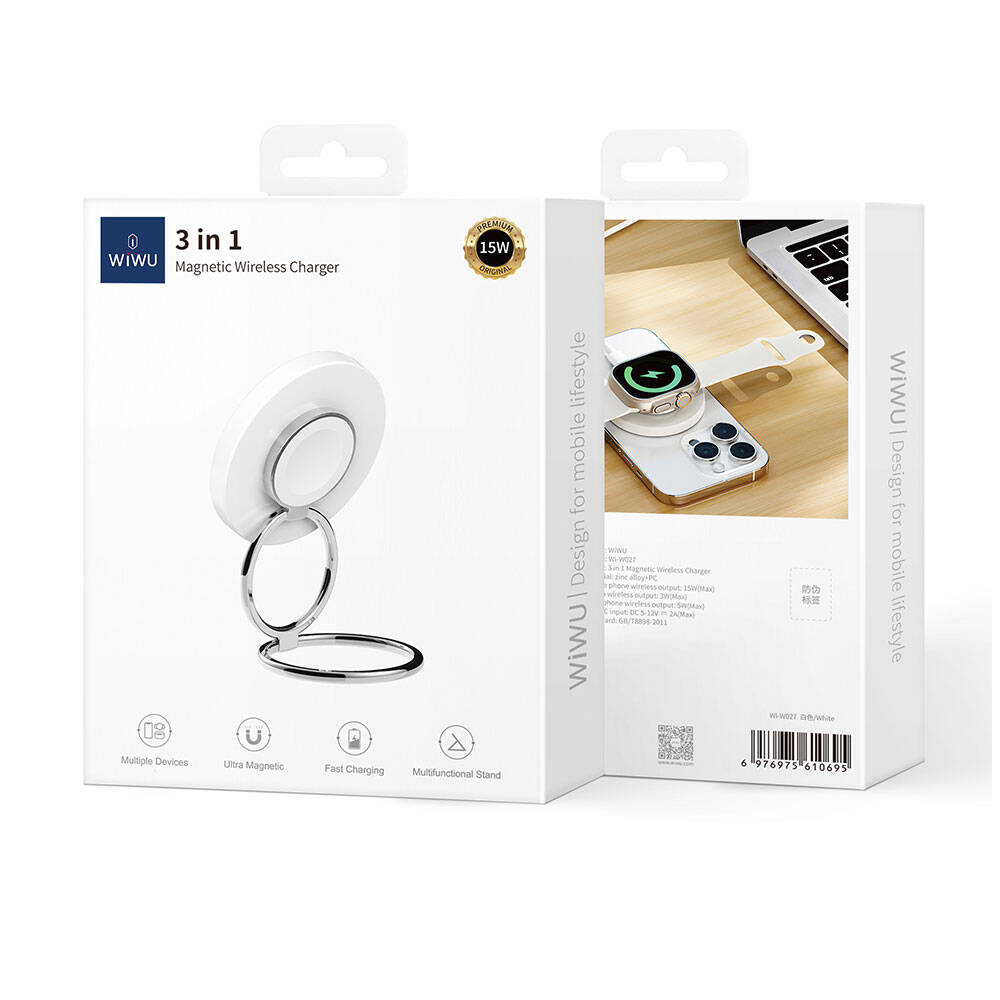 Wiwu Wi-W027 Standlı Hızlı ve Magsafe Şarj Özellikli Kablosuz Şarj Aleti 15W Beyaz