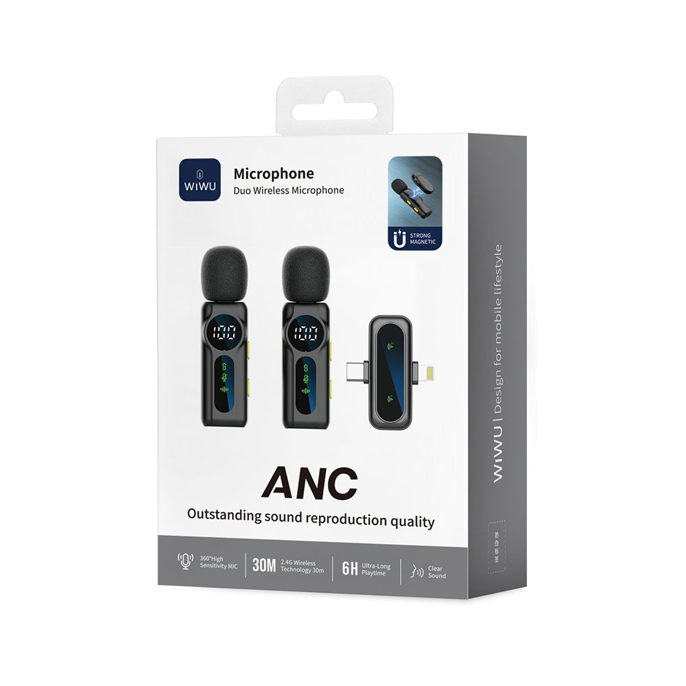 Wiwu Wi-WM007 2in1 Type-C ve Lightning Portlu ANC Özellikli Kablosuz Yaka Mikrofonu Siyah