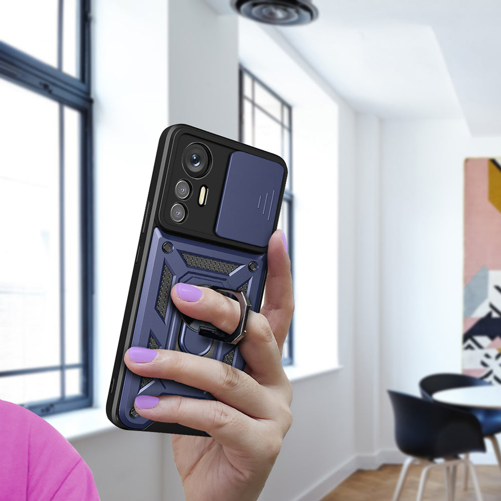 Xiaomi Mi 12 Lite Kılıf Magnetik Standlı Kamera Korumalı Zore Sürgülü Vega Kapak Mavi