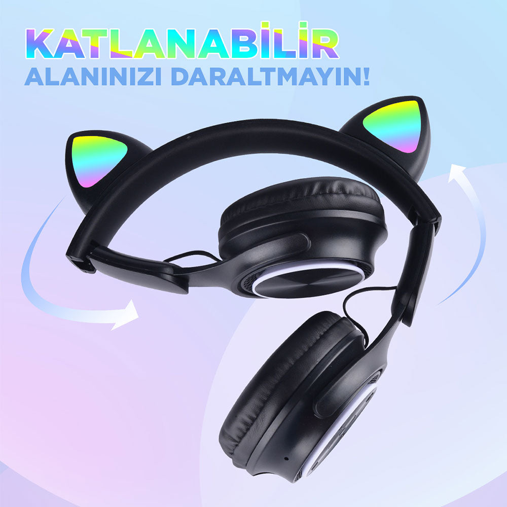 Zore M6 Pro Cat RGB Led Işıklı Kedi Kulağı Band Tasarımlı Ayarlanabilir ve Katlanabilir Kulak Üstü Bluetooth Kulaklık Beyaz